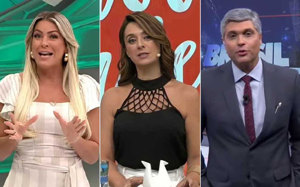 Montagem com Renata Fan no Jogo Aberto à esquerda, Cátia Fonseca no Melhor da Tarde no centro e Joel Datena à direita no Brasil Urgente