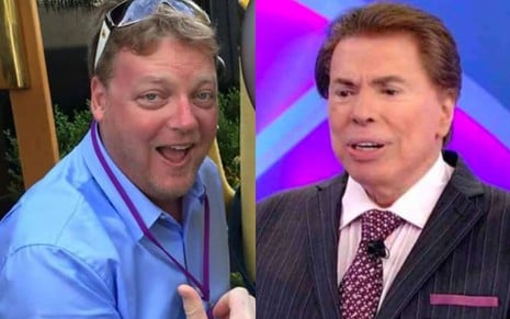 Montagem com uma foto de Richard Vaun, que usa camisa social azul, cordão de crachá roxo e óculos de sol na cabeça; e outra de Silvio Santos em seu programa no SBT