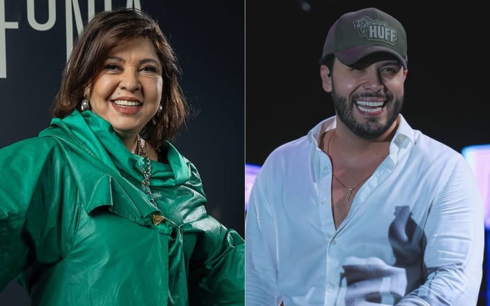 Montagem com Roberta Miranda usando um casaco verde e Murilo Huff em cima do palco, ambos sorridentes