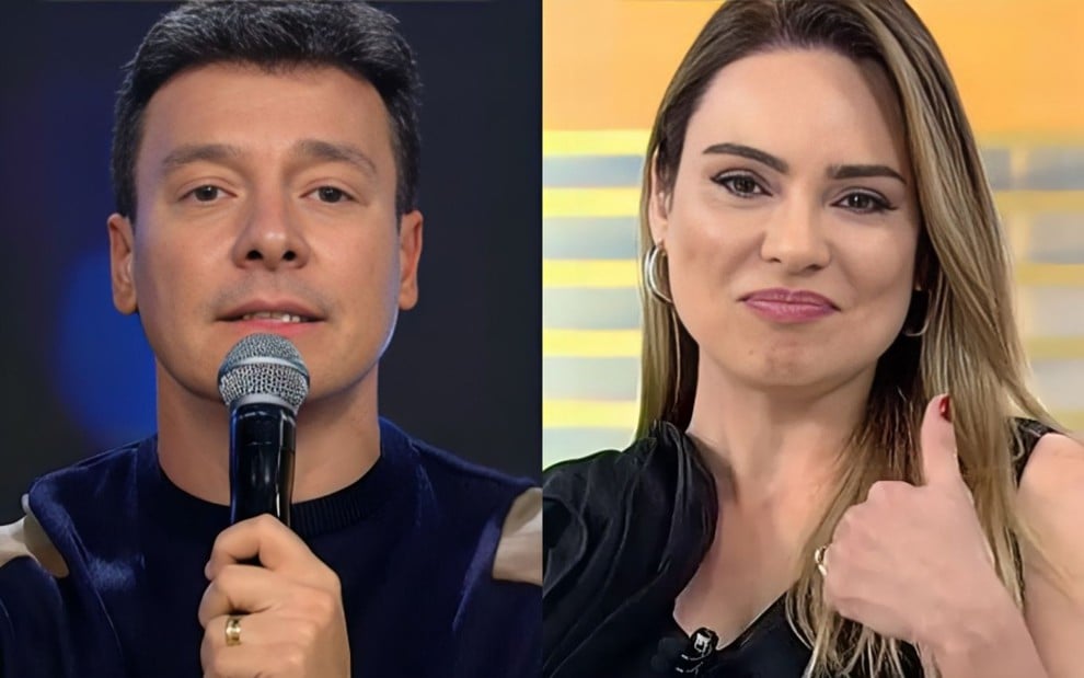 Montagem com Rodrigo Faro à esquerda no Hora do Faro e Rachel Sheherazade à direita no Domingo Record