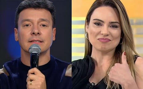 Montagem com Rodrigo Faro à esquerda no Hora do Faro e Rachel Sheherazade à direita no Domingo Record