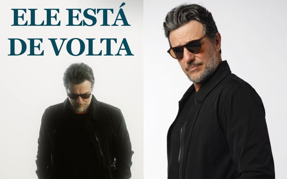 Montagem com Rodrigo Lombardi vestido como Molina. Ele usa roupas pretas e óculos escuros; há os dizeres 'ele está de volta'