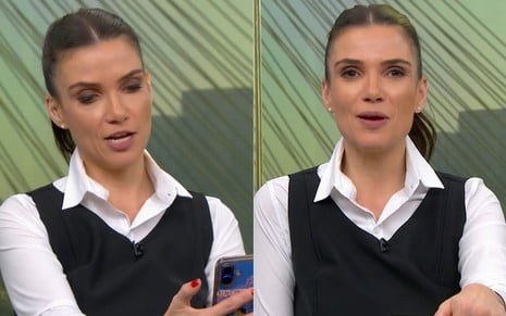 Montagem com duas imagens de Sabina Simonato; na primeira ela segura celular na mão, na segunda sorri e olha para a câmera