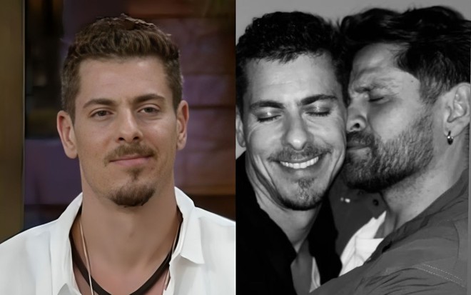 Na montagem: Sacha Bali em A Fazenda 16 (à esquerda); Sacha sorri, de frente, com Alejandro Claveaux o beijando de lado (à direita)