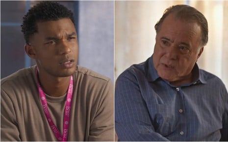 Montagem com fotos dos atores Juan Paiva e Tony Ramos em cenas de Dona de Mim, sérios