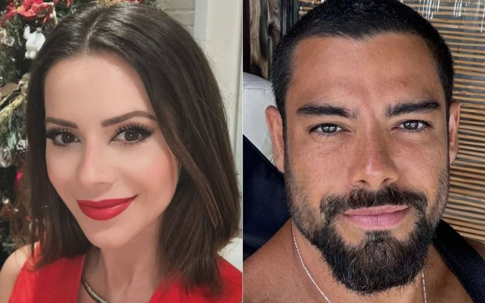 Montagem com selfies de Sandy Leah e Pedro Andrade, com sorrisos leves; ela usa vestido e batom vermelho e ele aparece sem camisa