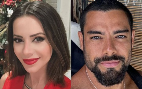 Montagem com selfies de Sandy Leah e Pedro Andrade, com sorrisos leves; ela usa vestido e batom vermelho e ele aparece sem camisa
