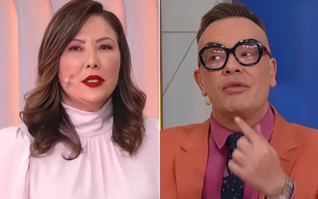 Montagem com dois apresentadores em estúdio: à esquerda, mulher de blusa branca e batom vermelho; à direita, homem com terno laranja e óculos escuros.        Perguntar ao ChatGPT
