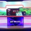 Estúdio do SBT Brasil, com bancada, telão e imagens ao fundo