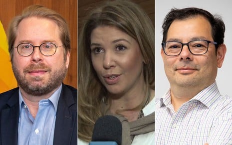 Fotomontagem com Fernando Fischer, Daniela Beyruti e Marcello Sassatani, trio de executivos mais poderoso do SBT