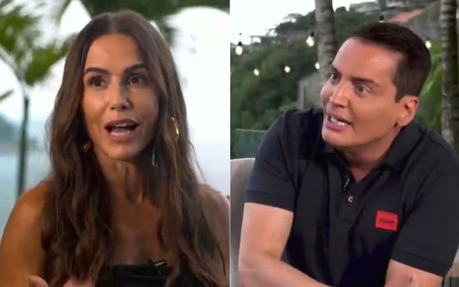 Montagem com fotos de Deborah Secco e Leo Dias durante entrevista