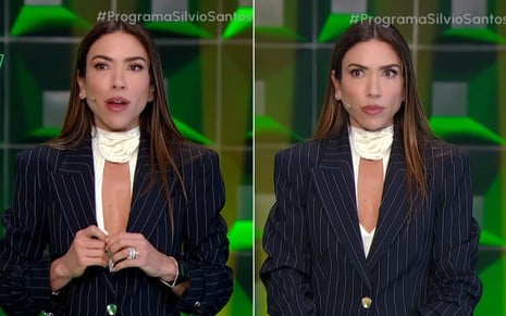 Mulher com cabelos longos lisos em blazer preto risca de giz, expressando surpresa e neutralidade em momentos distintos. Fundo verde.