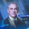 Marcelo Rezende está no telão do Tá na Hora, enquanto Bruno Peruka parece emocionado no cenário do telejornal