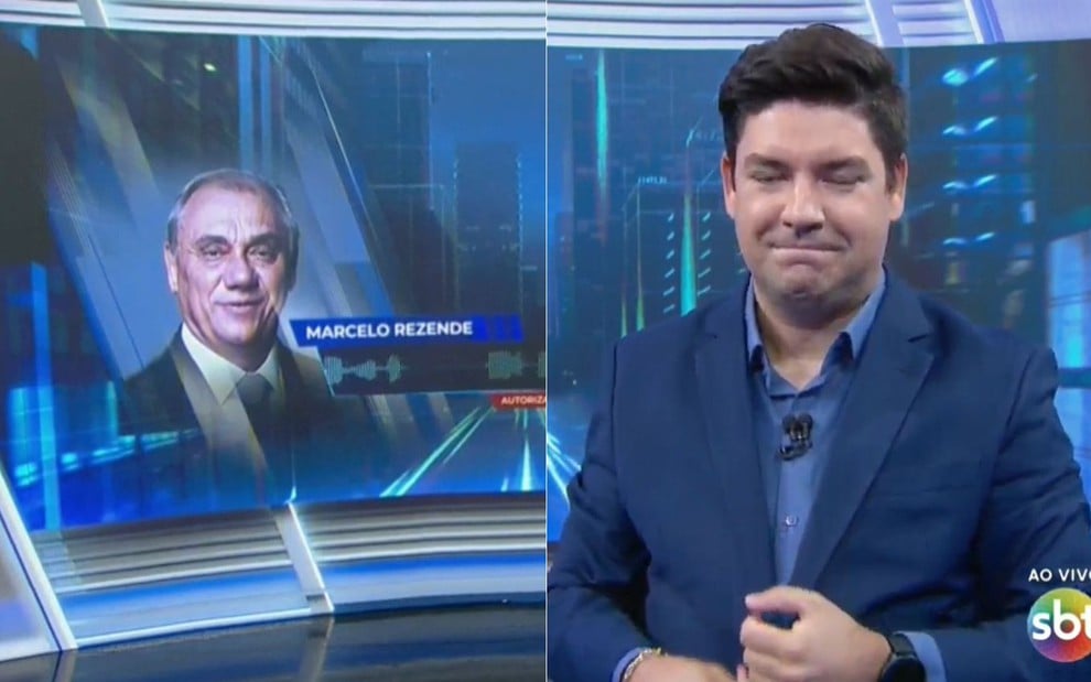 Marcelo Rezende está no telão do Tá na Hora, enquanto Bruno Peruka parece emocionado no cenário do telejornal