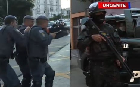 Montagem com policiais armados em meio a manifestação popular