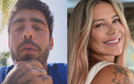 homem branco e barbado fala com a câmera em cenário ensolarado; divide a tela com mulher loira sorridente, vestindo regata branca