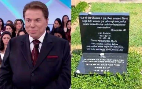 Montagem com uma foto de Silvio Santos, sério, em seu programa; e outra com a lápide no Cemitério Israelita do Butantã