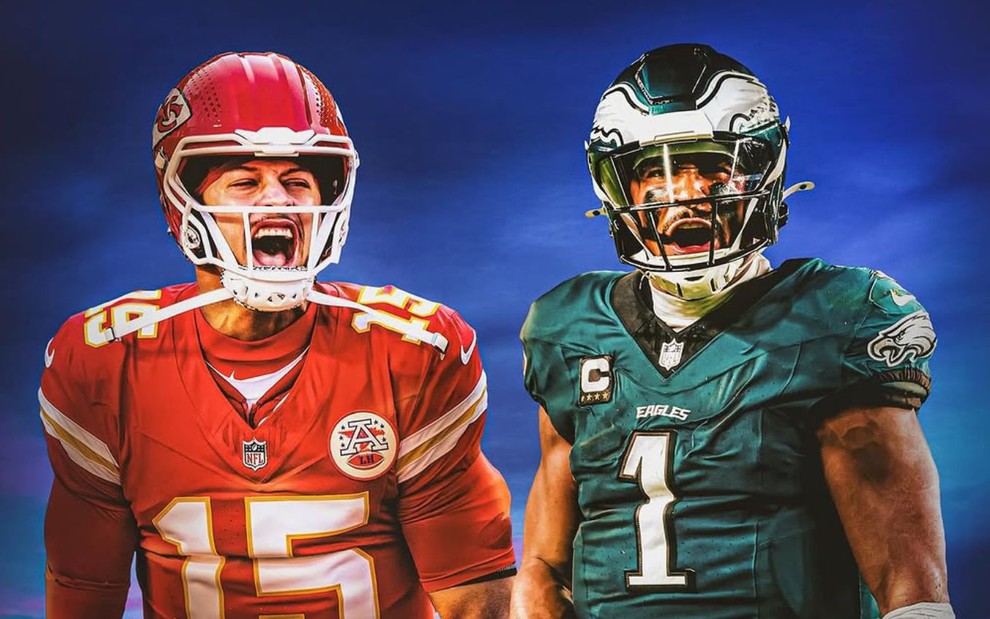 Patrick Mahomes (Chiefs) e Jalen Hurts (Eagles) em cartaz do Super Bowl 2025