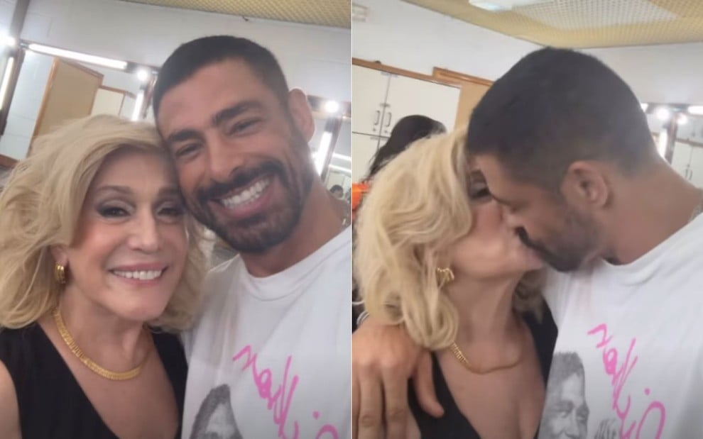 Montagem com dois frames do vídeo publicado por Cauã Reymond: na primeira foto, ele aparece sorridente ao lado de Susana Vieira; na segunda, os dois se beijam