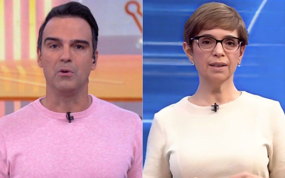 Montagem com Tadeu Schmidt e Renata Lo Prete; ambos estão com expressões sérias