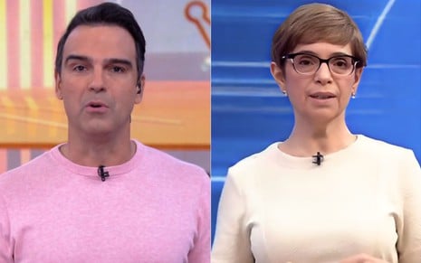 Montagem com Tadeu Schmidt e Renata Lo Prete; ambos estão com expressões sérias