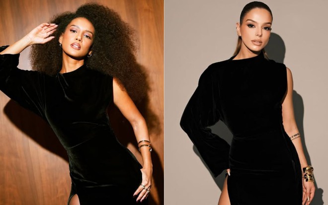 Montagem com fotos de Taís Araújo e Giovanna Lancellotti antes do show de 60 anos da Globo; as duas usam o mesmo vestido preto, com manga comprida apenas no braço direito