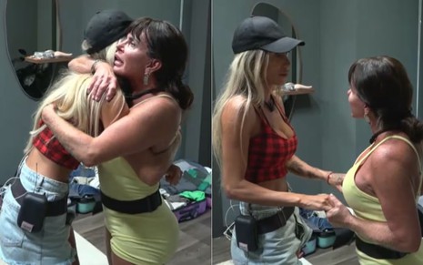 Montagem com Talira e Gretchen se abraçando à esquerda, e conversando de mãos dadas à direita