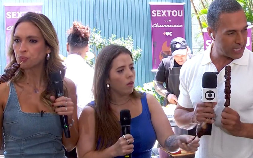 Talitha Morete, Tati Machado e Fabricio Battaglini comendo churrasco no Mais Você desta sexta (1º)