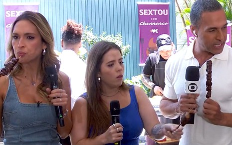 Talitha Morete, Tati Machado e Fabricio Battaglini comendo churrasco no Mais Você desta sexta (1º)