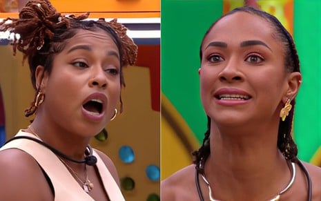 Montagem com Thamiris e Aline na cozinha do BBB 25, discutindo; Thamiris aparece com boca aberta e Aline com sorriso irônico