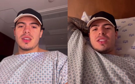 Montagem com duas fotos de Thomaz Costa; em uma, ele está de pé no quarto do hospital; em outra, deitado, com um dos braços abaixo da cabeça