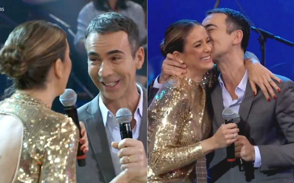 Montagem com dois momentos de Ticiane Pinheiro e Cesar Tralli cantando no Altas Horas; na segunda imagem ele dá um beijo na bochecha dela