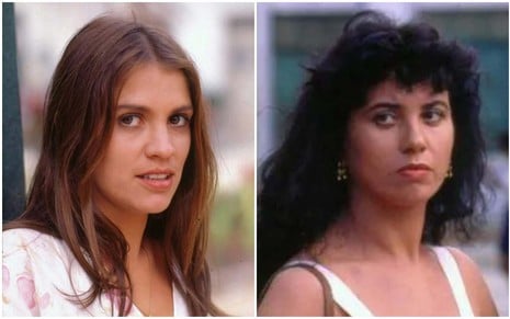 Montagem com fotos das atrizes Tassia Camargo e Claudia Alencar, sérias, caracterizadas como suas personagens em Tieta