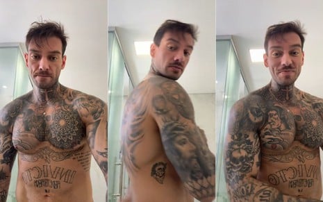 Montagem com três momentos de Lucas Lucco sem camisa no TikTok