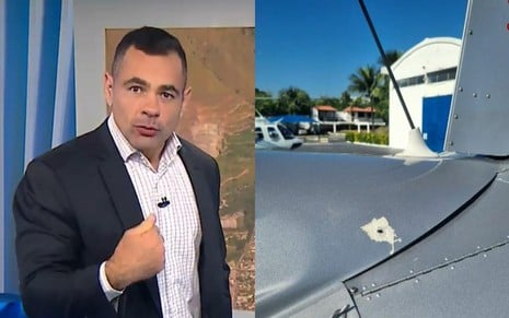Montagem com Tino Junior e a marca do tiro no helicóptero
