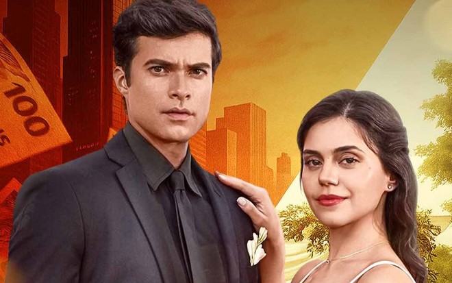 Victor Sparapane e Jessika Alves posam vestidos de noivos em cartaz de A Vida Secreta do Meu Marido Bilionário