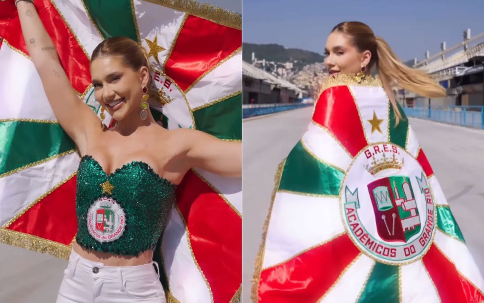 Montagem com duas imagens de Virginia Fonseca após ser anunciada como rainha da bateria da Grande Rio; na primeira, ela sorri e segura a bandeira da escola, na segunda ela usa a bandeira como capa