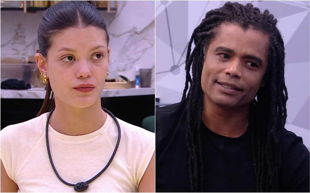 Montagem com Vitória Strada à esquerda e Diogo Almeida à direita no BBB 25