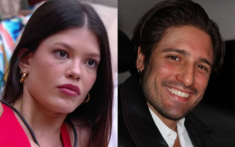 Na montagem estão duas fotos: Vitória Strada no BBB 25 (à esquerda) e Daniel Rocha sorrindo, em selfie (à direita)