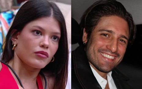 Na montagem estão duas fotos: Vitória Strada no BBB 25 (à esquerda) e Daniel Rocha sorrindo, em selfie (à direita)
