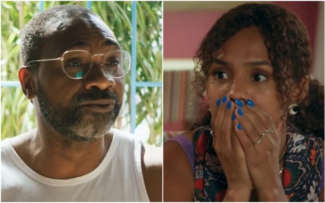 Montagem com fotos dos atores MV Bill e Jéssica Ellen, ele sério, ela assustada, em cenas de Volta por Cima