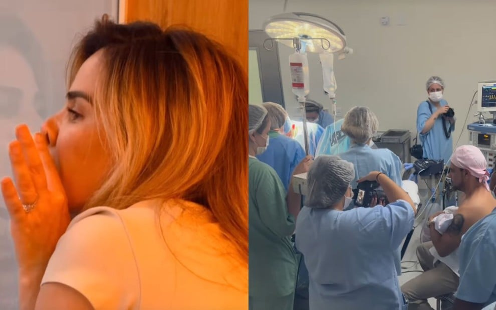 Na montagem: Wanessa Camargo com as mãos apoiadas em um vidro (à esquerda); e sala de parto, com enfermeiros e convidados vestidos com roupas hospitalares (à direita)