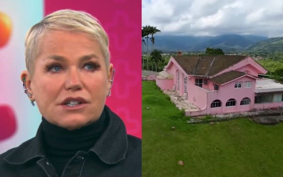 Xuxa Meneghel (à esquerda) e imagem de uma casa rosa vista de cima (à direita)