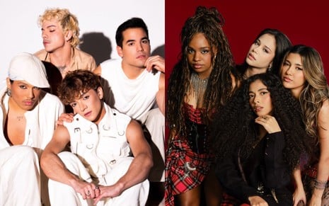 uma boy band com quatro integrantes vestindo branco divide a tela com uma girl band com quatro integrantes vestindo preto e vermelho