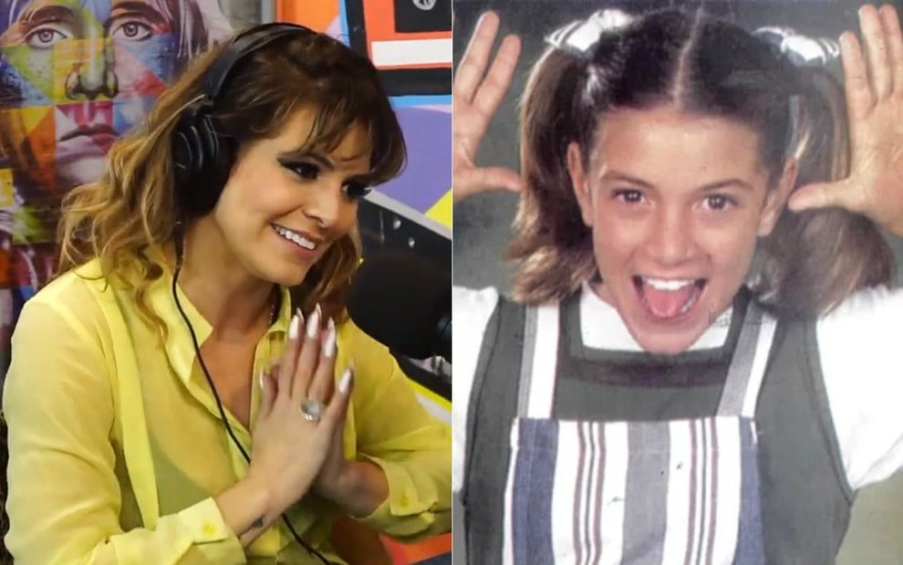 Montagem com fotos de Renata Del Bianco em podcast e na novela Chiquititas