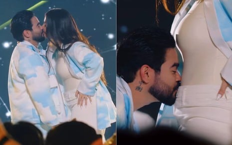 Montagem: Yudi Tamashiro e Mila Braga se beijam em palco; na segunda imagem, ele beija a barriga da mulher