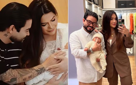 Montagem com duas fotos de Yudi Tamashiro e Mila Braga com o filho bebê no colo. À esquerda, o casal sorri olhando o recém-nascido nos braços.