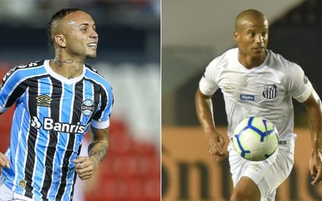 Everton 'Cebolinha' e Carlos Sánchez vão se enfrentar no duelo entre Grêmio x Santos neste domingo (27) - LUCAS UEBEL/GRÊMIO e IVAN STORTI/SANTOS