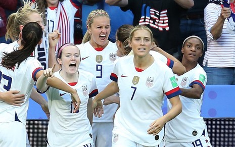Jogadoras da seleção dos Estados Unidos comemoram gol na Copa do Mundo de Futebol Feminino - DIVULGAÇÃO/U.S.SOCCER