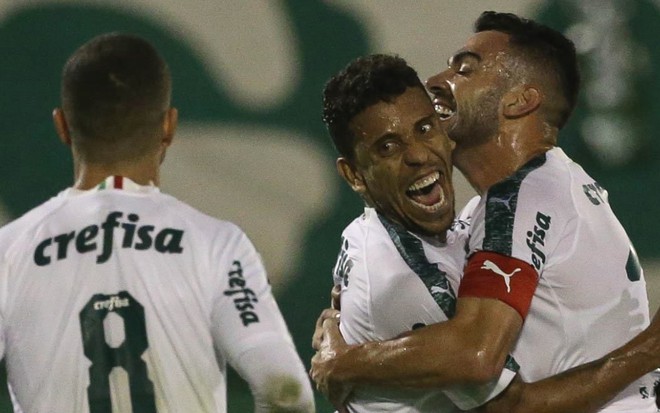 Jogadores do Palmeiras comemoram gol no Campeonato Brasileiro: equipe enfrenta o Avaí - DIVULGAÇÃO/PALMEIRAS